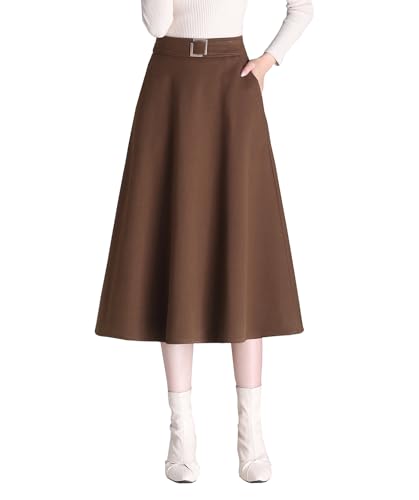 Damen Vintage Hohe Taille Lang Rock Wollrock Warm Winterrock Elegante A-Linie Midi Röcke Elastische Taille Faltenrock Brown-S von RIZ-ZOAWD