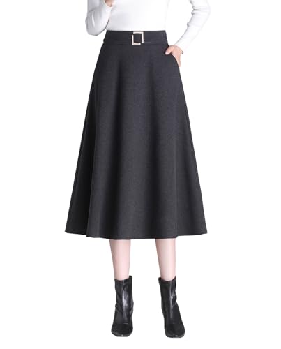 Damen Vintage Hohe Taille Lang Rock Wollrock Warm Winterrock Elegante A-Linie Midi Röcke Elastische Taille Faltenrock Dark Grey-L von RIZ-ZOAWD