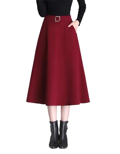 Damen Vintage Hohe Taille Lang Rock Wollrock Warm Winterrock Elegante A-Linie Midi Röcke Elastische Taille Faltenrock Wine red-XL von RIZ-ZOAWD