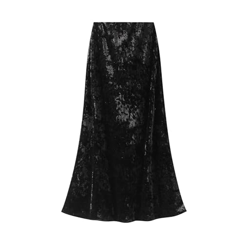 Damen Vintage Hohe Taille Samt Lang Rock Elegante Midi Faltenrock Elastische Taille Business Bleistiftrock Black-L von RIZ-ZOAWD