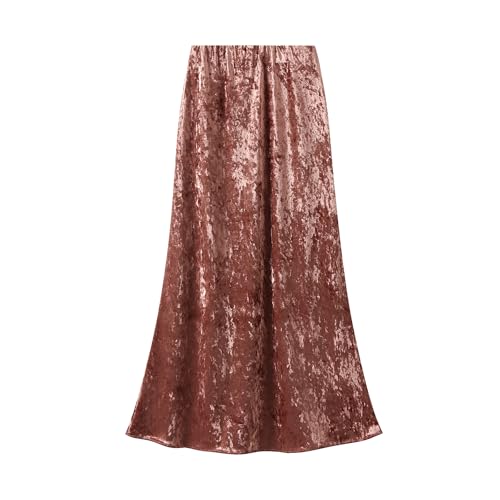 Damen Vintage Hohe Taille Samt Lang Rock Elegante Midi Faltenrock Elastische Taille Business Bleistiftrock Brick red-L von RIZ-ZOAWD
