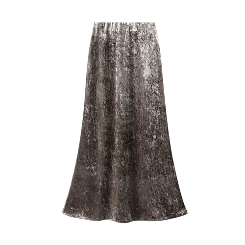 Damen Vintage Hohe Taille Samt Lang Rock Elegante Midi Faltenrock Elastische Taille Business Bleistiftrock Grey-L von RIZ-ZOAWD