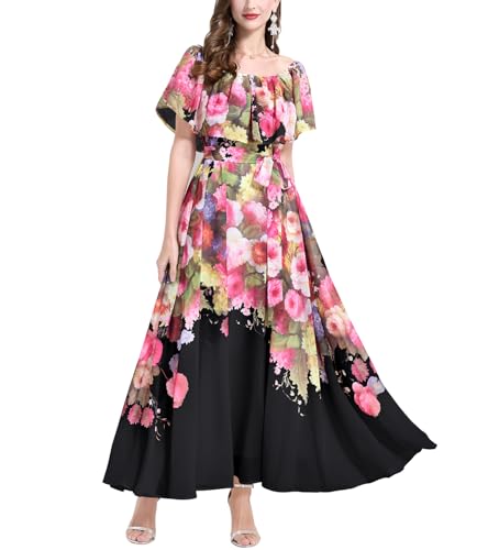 RIZ-ZOAWD Damen Umstandskleid Chiffon Langarm Umstandsmode Elegant schulterfrei Maxi Schwangerschaftskleid Black Flower-S von RIZ-ZOAWD