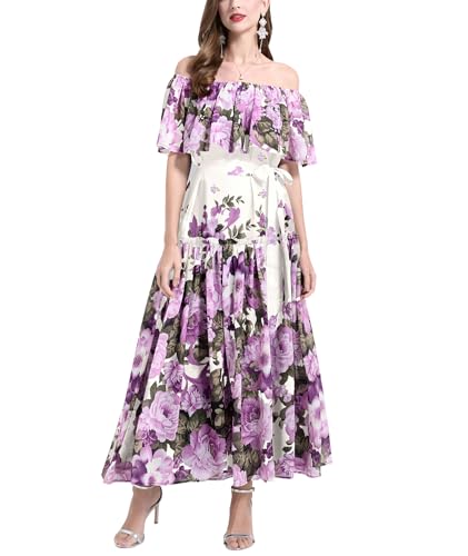 RIZ-ZOAWD Damen Umstandskleid Chiffon Langarm Umstandsmode Elegant schulterfrei Maxi Schwangerschaftskleid White and Purple Flower-L von RIZ-ZOAWD