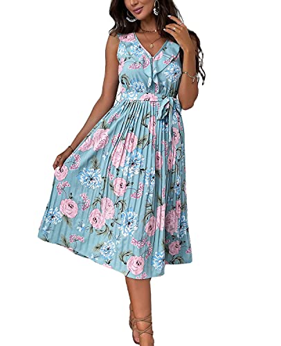 RIZ-ZOAWD Sommerkleid Damen Elegant Hohe Taille Midi Freizeitkleid Sexy V-Ausschnitt Boho Kleid Blumendruck Faltenkleid Cocktail Alltag Formale Party Strandkleid Blue S von RIZ-ZOAWD