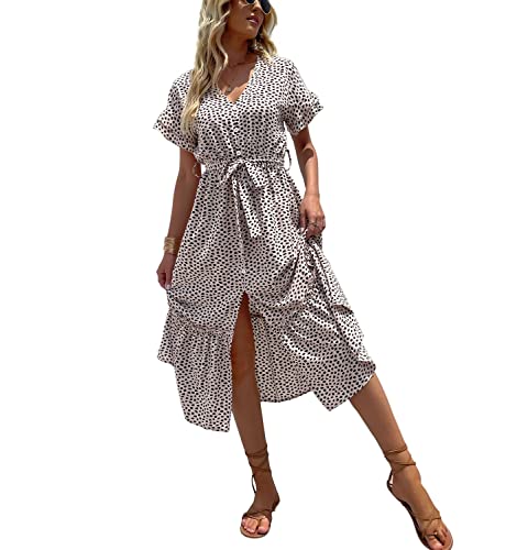 RIZ-ZOAWD Sommerkleid Damen Elegant V-Ausschnitt Kurzarm Lang Schlitzkleid Freizeitkleid Blumendruck Boho Alltag Formale Party Feiertag Maxi Strandkleid Sommerkleid Blue S von RIZ-ZOAWD