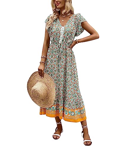 RIZ-ZOAWD Sommerkleid Damen Elegant V-Ausschnitt Kurzarm Lang Schlitzkleid Freizeitkleid Blumendruck Boho Alltag Formale Party Feiertag Maxi Strandkleid Sommerkleid Blue S von RIZ-ZOAWD