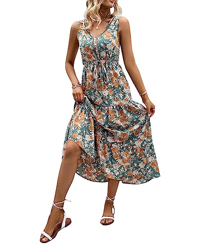 RIZ-ZOAWD Sommerkleid Damen Elegant V-Ausschnitt Kurzarm Lang Schlitzkleid Freizeitkleid Blumendruck Boho Alltag Formale Party Feiertag Maxi Strandkleid Sommerkleid Blue XL von RIZ-ZOAWD