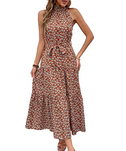 RIZ-ZOAWD Sommerkleid Damen Vintage Elegant Maxi Freizeitkleid Sexy Halfter Blumendruck Faltenkleid Cocktail Alltag Formale Party Strandkleid rust red S von RIZ-ZOAWD