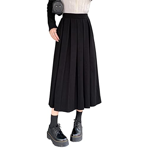 Rock Damen Lang Winterrock Hohe Taille Vintage Elegante Faltenrock Casual Winter Warm Elastische Taille A-Linie Midi Rock schwarz-M von RIZ-ZOAWD