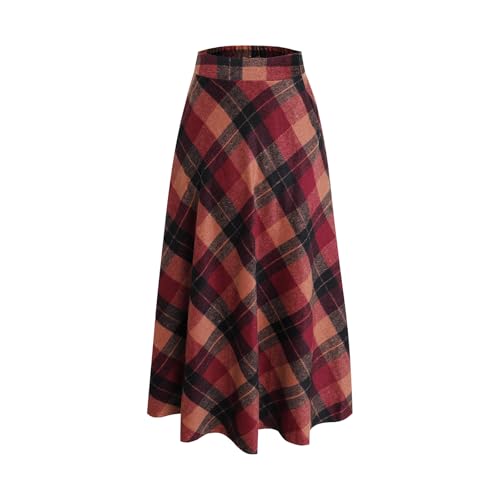 Rock Lang Damen Hohe Taille Elegant Winterrock Vintage Midi Röcke A-Linie Wollrock Faltenrock Rot-M von RIZ-ZOAWD