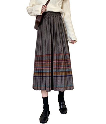 Winterrock Damen Lang Faltenrock Plaid Wollrock Winter Elegante Warm Elastische Taille Hohe Taille Midirock Rock 4-XL von RIZ-ZOAWD