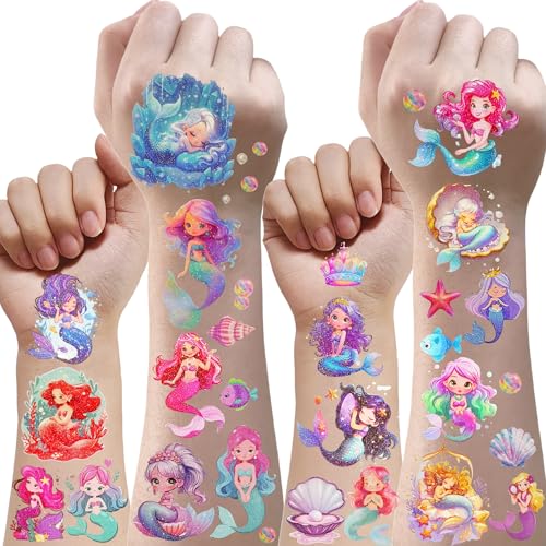 Glitzer Tattoo Set Kinder,10 Blätt Kindertattoos Geschenk Einschulung Mädchen Meerjungfrau Spielzeug ab 3 4 5 6 7 8 9 10 Jahre Schulanfang Mädchen Geschenke 3 4 5 6 7 8 9 10 11 12 Jahre Glitzertattoos von RIZTGAE