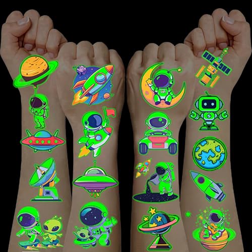 10 Blätt Weltraum Kinder Tattoo,Leuchttattoos Kindertattoos Mitgebsel Kindergeburtstag Spielzeug ab 3 4 5 6 7 8 9 10 Jahre Junge Weltraum Kindergeburtstag Planeten Kinder Temporäre Tattoos von RIZTGAE