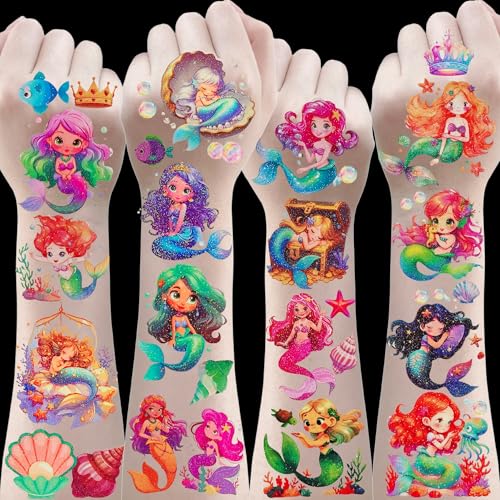 Glitzer Tattoo Set Kinder,10 Blätt Kindertattoos Mädchen Meerjungfrau Spielzeug Mädchen 3 4 5 6 7 8 9 10 Jahre Mitgebsel Kindergeburtstag Geschenke 3 4 5 6 7 8 9 10 11 12 Jahre Glitzertattoos von RIZTGAE