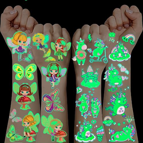 10 Blätt Kindertattoos,Fee Einhorn Tattoos Mädchen Kindergeburtstag Gastgeschenke Geschenk Mädchen 3 4 5 6 7 8 9 10 Jahre Leuchttattoos Kinder Spielzeug ab 3-10 Jahre Schmetterling Deko Geburtstag von RIZTGAE