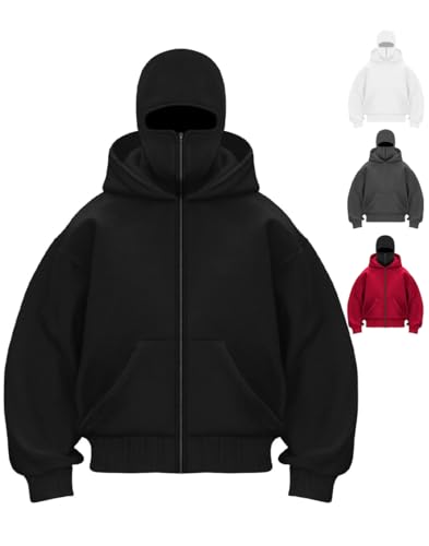 RIZUNTO Herren Balaclava Zip Ninja Kapuzenpullover mit Sturmhaube Casual Oversized Mask Jacke Reißverschluss Y2K Hoodie Winddichte Übergangsjacke Motor Fahrrad,M,1 Schwarz von RIZUNTO