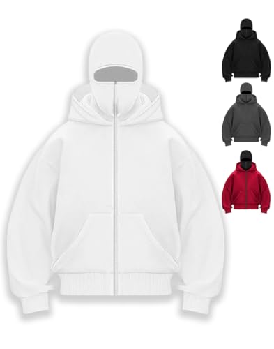 RIZUNTO Herren Balaclava Zip Ninja Kapuzenpullover mit Sturmhaube Casual Oversized Mask Jacke Reißverschluss Y2K Hoodie Winddichte Übergangsjacke Motor Fahrrad,M,1 Weiß von RIZUNTO