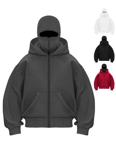 RIZUNTO Herren Balaclava Zip Ninja Kapuzenpullover mit Sturmhaube Casual Oversized Mask Jacke Reißverschluss Y2K Hoodie Winddichte Übergangsjacke Motor Fahrrad,XL,1 Grau von RIZUNTO
