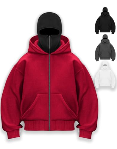 RIZUNTO Herren Balaclava Zip Ninja Kapuzenpullover mit Sturmhaube Casual Oversized Mask Jacke Reißverschluss Y2K Hoodie Winddichte Übergangsjacke Motor Fahrrad,XL,1 Rot von RIZUNTO