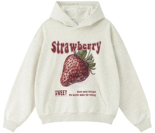 RIZUNTO Herren Jugend Damen Hoodie Rückendruck Letter Print Druck Grafisches Kapuzenpullover Oversize Sweatshirt mit Kapuze Pullover Top,M,Erdbeere-Hafergrau von RIZUNTO