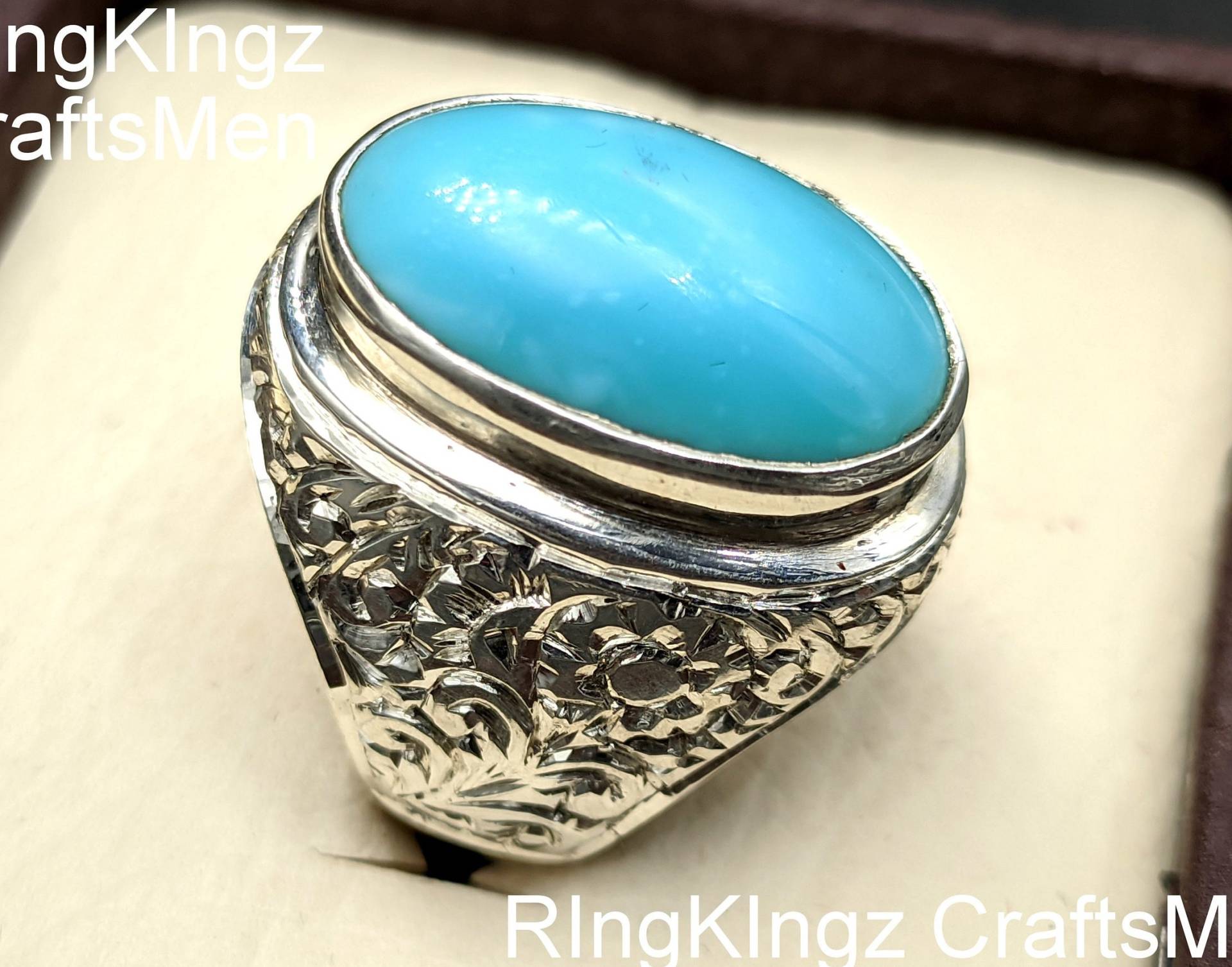 Türkiser Edelstein Herren Ring, 925 Sterling Silber, Natürlicher Blauer Feroza Stein, Größen Verstellbar, Firoza Geburtsstein Schmuck, Personalisiert von RIngKIngz