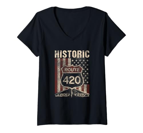 Damen Historic Route 420 Funny Americana USA Flag Stoner Humor T-Shirt mit V-Ausschnitt von RJ Threads