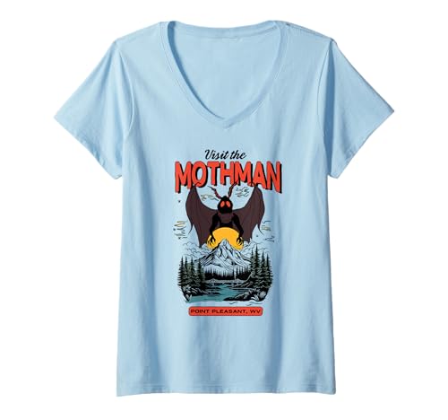 Damen Visit the Mothman Funny Retro Graphic T-Shirt mit V-Ausschnitt Damen Visit the Mothman Funny Retro Graphic T-Shirt mit V-Ausschnitt von RJ Threads