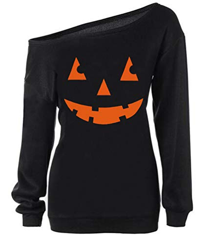 RJXDLT Damen Halloween Shirt Slouchy Sweatshirt Off Shoulder Pumpkin Pullover Top, F-schwarz, Large RJXDLT Damen Halloween Shirt Slouchy Sweatshirt Off Shoulder Pumpkin Pullover Top, F-schwarz, Large von RJXDLT