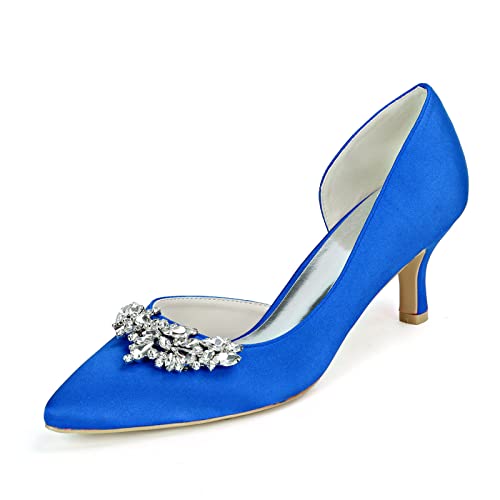 Damen Absatzschuhe Kleiner Kätzchen Absatz Hochzeits Pumps Schuhe Mit Strass Sexy Spitz Zehen Niedriger Absatz Braut Abschlussball Schuhe,Blau,43 EU von RJYAUEFR