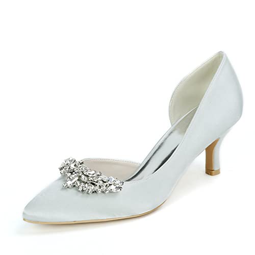 Damen Absatzschuhe Kleiner Kätzchen Absatz Hochzeits Pumps Schuhe Mit Strass Sexy Spitz Zehen Niedriger Absatz Braut Abschlussball Schuhe,Silber,41 EU von RJYAUEFR