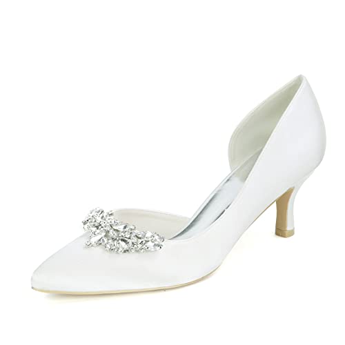 Damen Absatzschuhe Kleiner Kätzchen Absatz Hochzeits Pumps Schuhe Mit Strass Sexy Spitz Zehen Niedriger Absatz Braut Abschlussball Schuhe,Weiß,41 EU von RJYAUEFR