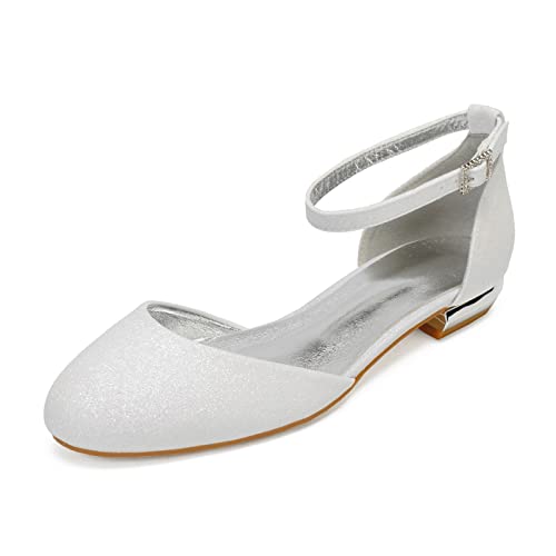 Damen Brautschuhe Runder Zeh Hochzeit Ballerina Flache Schuhe Glitzer Mary Jane Tanzschuhe,Elfenbein,37 EU von RJYAUEFR