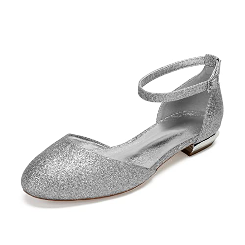 Damen Brautschuhe Runder Zeh Hochzeit Ballerina Flache Schuhe Glitzer Mary Jane Tanzschuhe,Silber,42 EU von RJYAUEFR