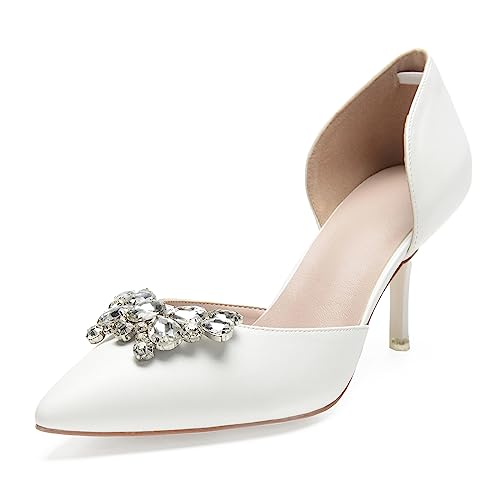 Damen D'orsay Low Kitten Heels Geschlossen Spitz Zehe Kunstleder High Heel Pumps Slip Auf Strass Hochzeit Party Schuhe,Elfenbein,38 EU von RJYAUEFR