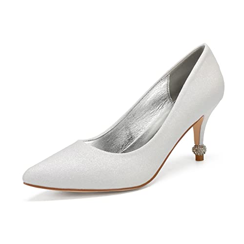 Damen High Heels Kätzchen Absatz Geschlossene Spitze Zehen Glitzer Pumps Slip-on Party Braut Hochzeitsschuhe,Elfenbein,36 EU von RJYAUEFR