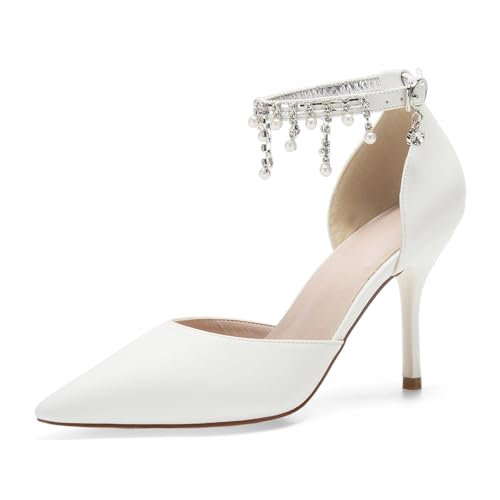 Damen High Heels Mit Strass Sexy Spitzen Zehen Stöckelabsatz Riemchen Pumps Für Party Hochzeit Braut,Elfenbein,43 EU von RJYAUEFR