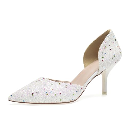 Damen Hochzeit Strass Niedrige Absatz Pumps Spitze Zehe Glitzer Abendschuhe für Frauen Braut,Elfenbein,42 EU von RJYAUEFR