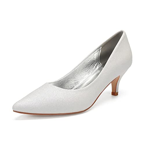 Damen Kätzchen Absatz Glitzer Pumps Spitze Zehen Niedrige Absatz Slip on Elegant Hochzeitsschuhe,Elfenbein,36 EU von RJYAUEFR