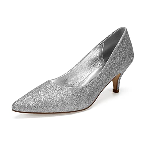 Damen Kätzchen Absatz Glitzer Pumps Spitze Zehen Niedrige Absatz Slip on Elegant Hochzeitsschuhe,Silber,40 EU von RJYAUEFR