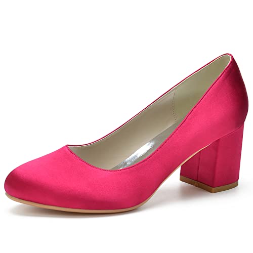 Damen Niedrige Blockabsätze Arbeit Pumps Runde Zehe Kleid Hochzeitsschuhe,Fuchsia,36 EU von RJYAUEFR