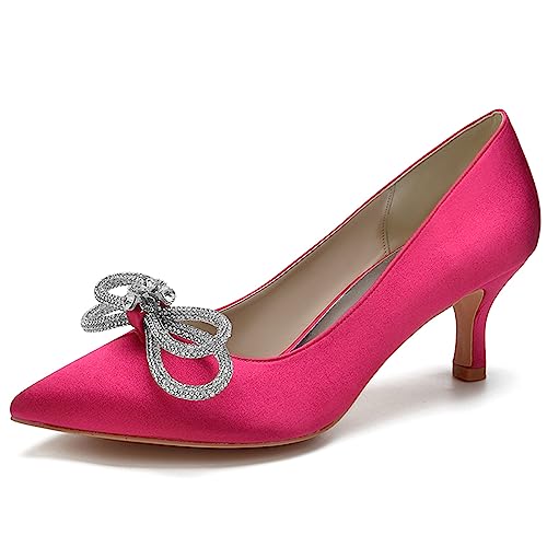 Damen Pumps Mittelhoher Absatz Geschlossene Zehen Schlupfschuh Party Hochzeit Schuhe Mit Strass Bogen,Fuchsia,39 EU von RJYAUEFR