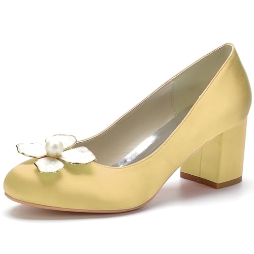 Damen Satin Brautschuhe Mit Blockabsatz Pumps Geschlossene Runde Zehe Party Hochzeit Schuhe,Gold,43 EU von RJYAUEFR