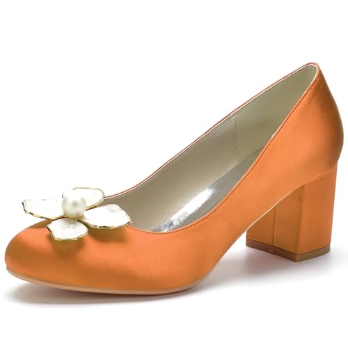 Damen Satin Brautschuhe Mit Blockabsatz Pumps Geschlossene Runde Zehe Party Hochzeit Schuhe,Orange,43 EU von RJYAUEFR