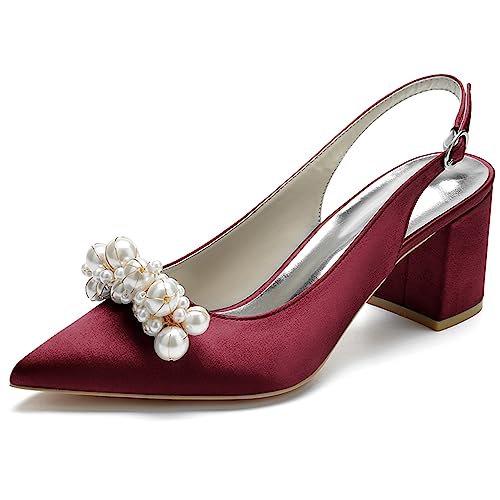 Damen Slingback Pumps Geschlossene Zehe Blockabsatz Lässige Klobige Absätze Abend Party Schuhe,Burgundy,35 EU von RJYAUEFR