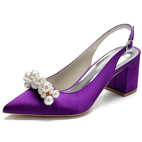 Damen Slingback Pumps Geschlossene Zehe Blockabsatz Lässige Klobige Absätze Abend Party Schuhe,Dark Purple,36 EU von RJYAUEFR