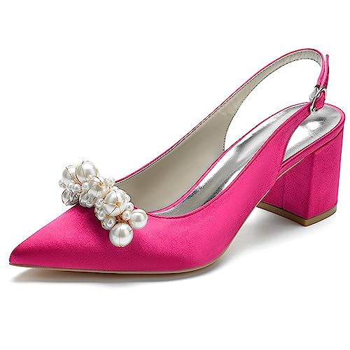 Damen Slingback Pumps Geschlossene Zehe Blockabsatz Lässige Klobige Absätze Abend Party Schuhe,Fuchsia,37 EU von RJYAUEFR