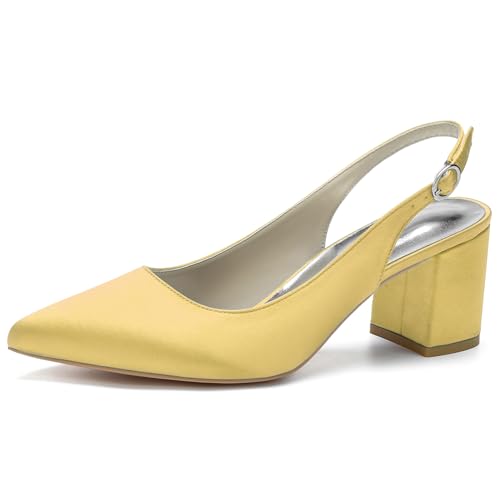 Damen Spitze Zehen Braut Pumps Slingback Blockabsatz Sandalen Knöchelriemen Büro Kleid Schuhe,Gold,38 EU von RJYAUEFR