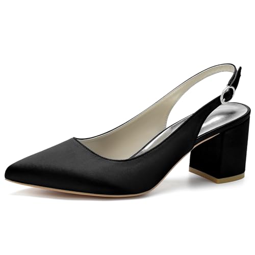 Damen Spitze Zehen Braut Pumps Slingback Blockabsatz Sandalen Knöchelriemen Büro Kleid Schuhe,Schwarz,38 EU von RJYAUEFR