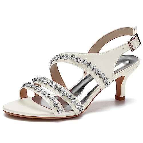 Damen Strass Hochzeit Sandalen Offene Zehen Kätzchen Absatz Brautschuhe Slingback Sommer Abendschuhe,Elfenbein,42 EU von RJYAUEFR